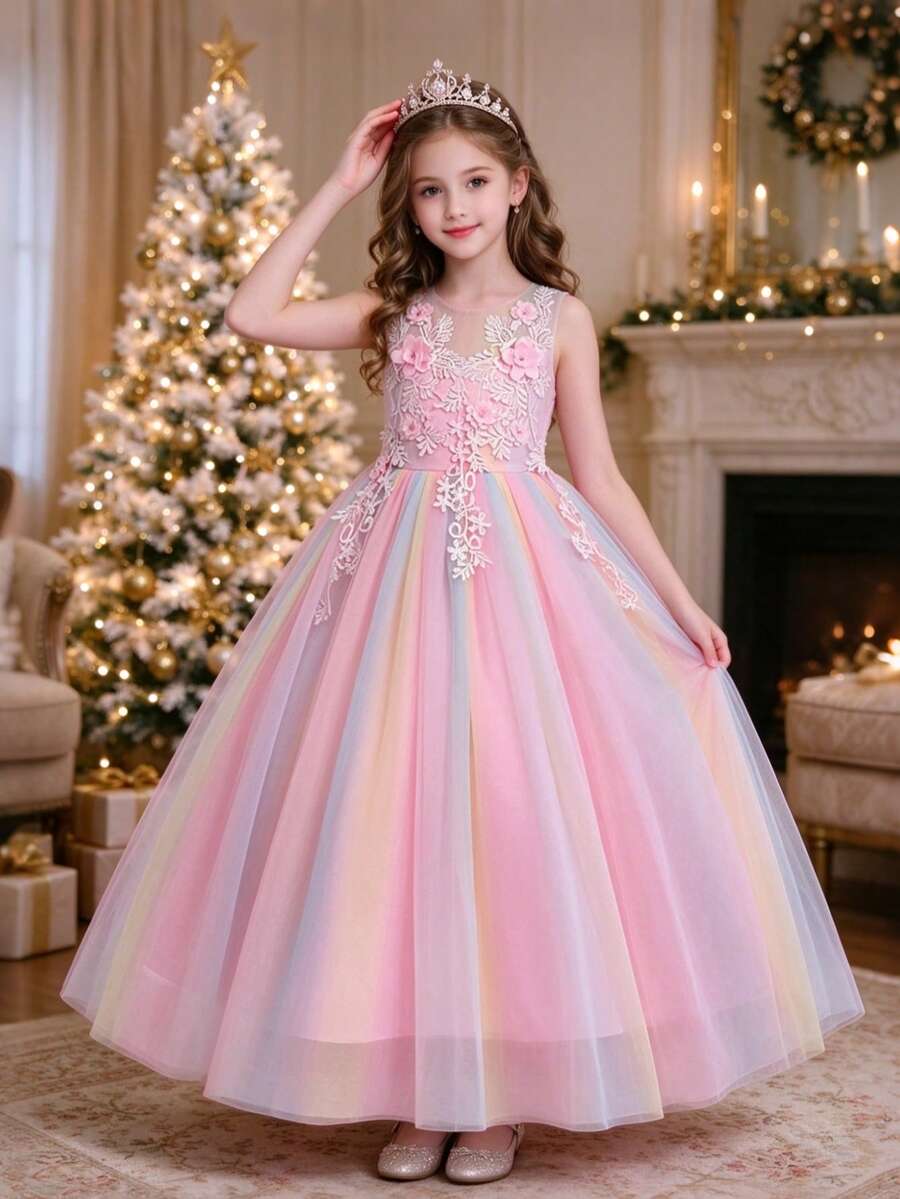 Tween Girl Colorful Tulle 3D Floral Princess Dress, Wedding Flower Girl, Birthday Party, Holiday Gathering, Host, Piano Performance Evening Gown - Multicolor - View 1