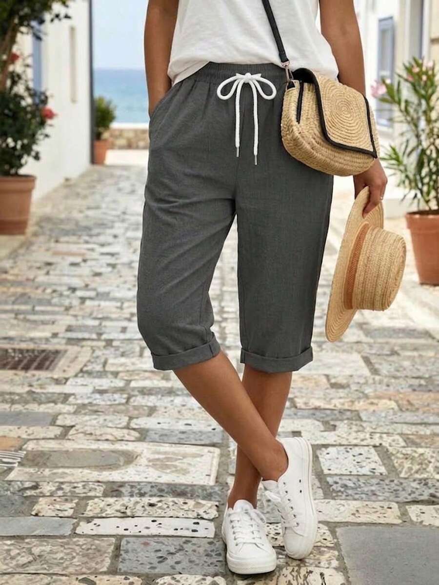 Jisfaneya Plus Size Women's Elastic-Waist Drawstring Versatile Casual Solid-Color Shorts Summer - Dark Grey - View 1
