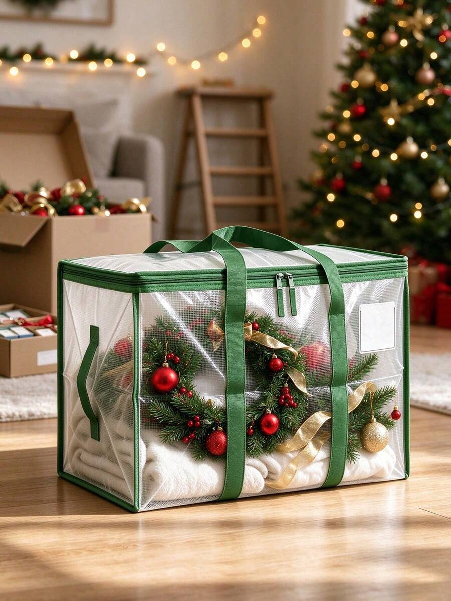 1pc Christmas Gift Packaging Storage Bag, Foldable Large Capacity Gift Packaging Storage Bag, Suitable For Travel, Camping, Christmas Storage And Organization, Holiday Decoration Large Capacity Storage Box - Green - View 1