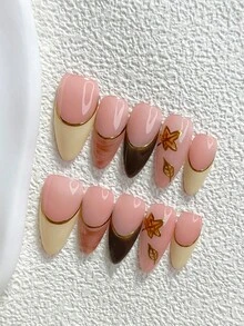 秋季 10 件裝溫柔風手工穿戴甲，Polygel 凝膠美甲套組，楓葉、奶油色與棕色美甲，暖色調，附美甲工具，3 種尺寸可選，杏仁甲、鴨嘴甲、棺材甲，適合派對、跳舞、日常配戴（手工細節可能有所不同） - 彩色 - 查看 3