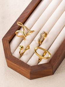 4pcs Minimalist Luxury Stainless Steel Gold Rings Set, Wavy Hollow Rhinestone Design, Suitable For Women's Daily, Date, Holiday, Engagement, Wedding, Gift Jewelry - Gold - View 5