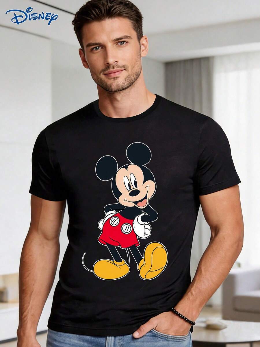 Disney 1pc Men's Short Sleeve T-Shirt, Loose Fit, Mickey Mouse Graphic Print, Crew Neck, Slightly Elastic - Black - View 1