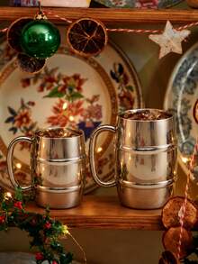 1pc Double-Wall Stainless Steel Beer Mug, Mirror Polished Metal Cup With Raised Ridges, Large Handle And Stable Base, Shatterproof Drinkware, Suitable For Beer, Coffee, Tea, Milk, Home Bar, Saudi National Day, Halloween And Christmas Gift - Multicolor - View 4