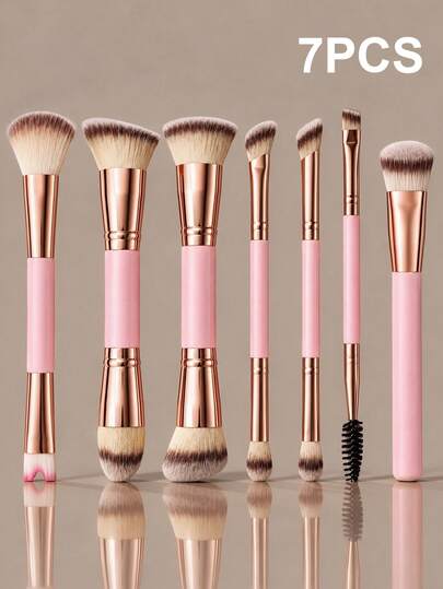 7pcs Professional Soft Bristle Dual-Ended Makeup Brush Set, Includes Powder Brush, Foundation Brush, Blush Brush, Contour Brush, Concealer Brush, Eyeshadow Brush, Eyelash Brush, Contour Brush, Nose Shadow Brush, Essential Makeup Tools For Girls, Perfect Makeup Brush Combination, Gift For Girls, Portable Makeup Brush Set