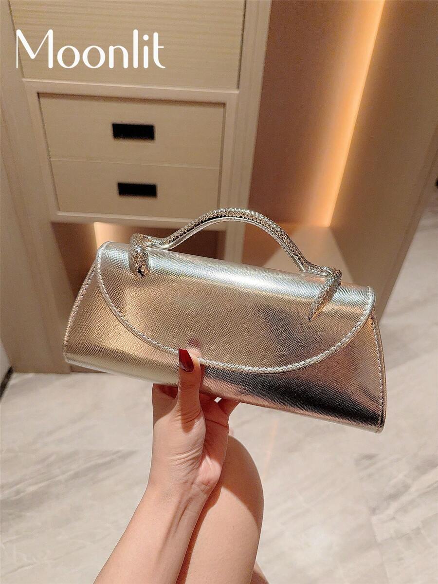 1件歐美時尚蛇形金屬裝飾迷你手拿包，高端亮面金屬條手柄女款手提包，優雅奢華晚宴包，適用正式禮服，設計款PU皮革派對包/浪漫婚禮手拿包/舞會包/雞尾酒會包，附金屬鍊條校園舞會包