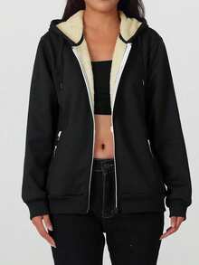 Women's Warm Hooded Zip-Up Jacket - Insulated Sports Jacket With Pockets, Autumn Sports, Black - Black - View 2