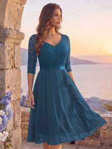 MIUSOL Sweetheart Neckline Floral Lace Ruffle Semi-Formal Party Dress, Homecoming Dance Dress, Suitable For Birthday, Wedding Guest, Dinner - Dusty Blue - View 2