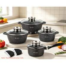 Elitehoff 9-Piece Nonstick Cookware Set, Marble-Effect Pots & Saucepan, 3 Glass Lids, Induction Compatible, 16–24 Cm, Black Or Grey - View 14