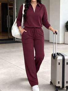 LUNNELUX Women Fall Burgundy Knit 2 Pieces Outfits, Half Zip Collar Long Sleeve Top & Drawstring Wide Leg Pants Set Halloween Travel Daily Tracksuit - Burgundy - View 1