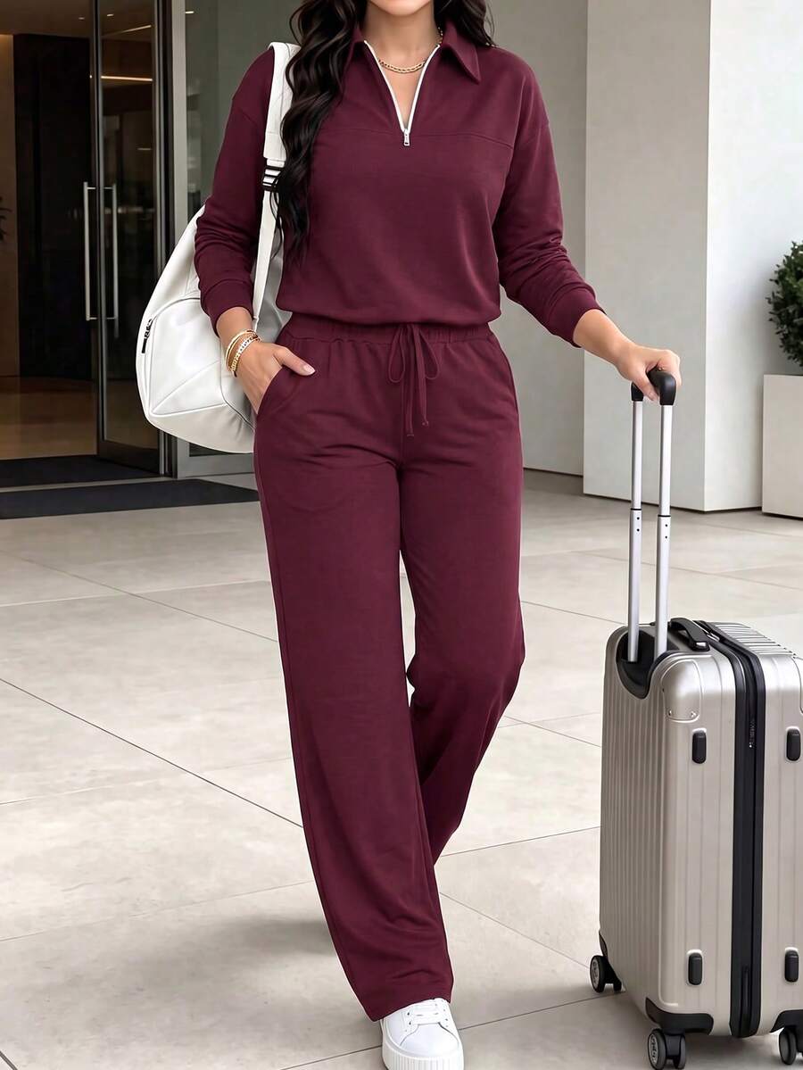LUNNELUX Women Fall Burgundy Knit 2 Pieces Outfits, Half Zip Collar Long Sleeve Top & Drawstring Wide Leg Pants Set Halloween Travel Daily Tracksuit - Burgundy - View 1