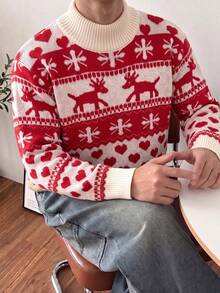 Teen Boys Christmas Reindeer & Snowflake Pattern Sweater, Autumn/Winter Red & White Jacquard Knit Crew Neck Pullover - Red - View 5