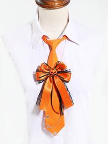 1Pc Women Orange Large Bow Pumpkin Lace Chain Pre-Tied Necktie Halloween Party Costume - Multicolor - View 4