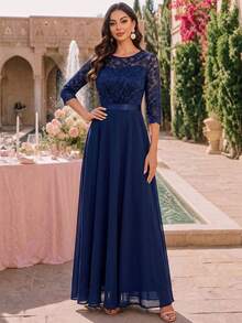 MIUSOL Elegante vestido de fiesta formal de gasa con encaje floral y cuello redondo, vestido de gala, adecuado para invitada de boda, ceremonia de graduación, fiesta de noche de otoño - Azul Marino - Ver 2
