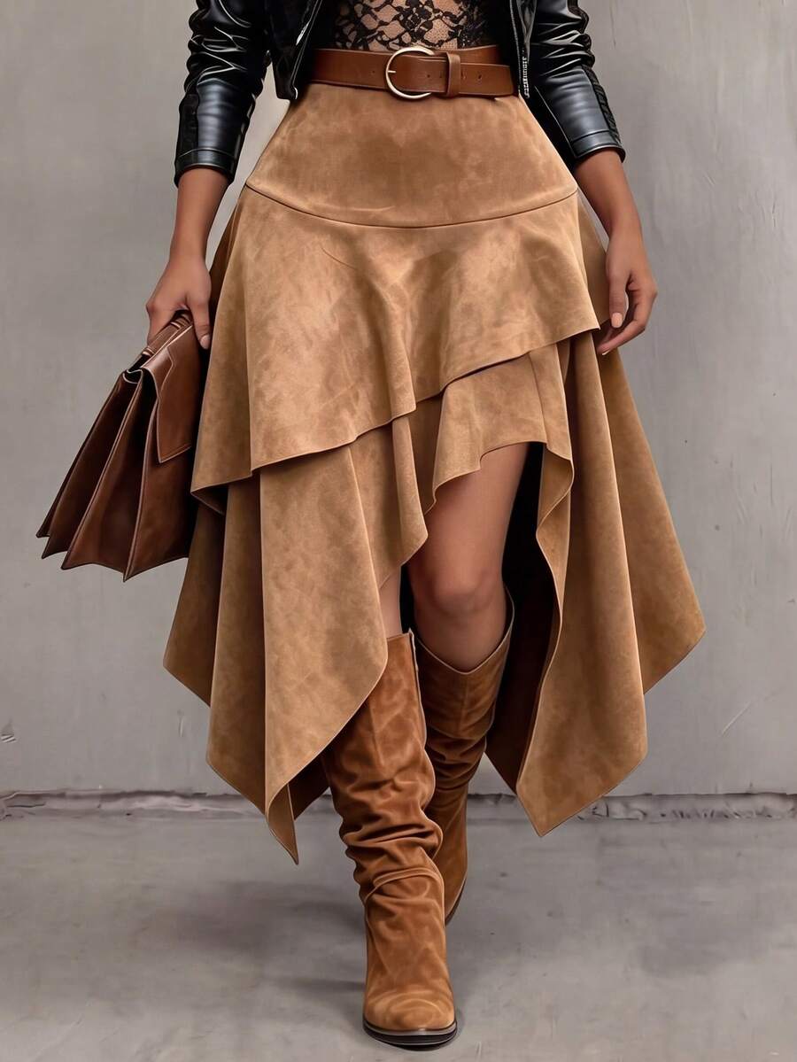 High Waist New Vintage Suede Skirt, Elastic Waist Asymmetrical Hem A-Line Skirt, Autumn - Brown - View 1