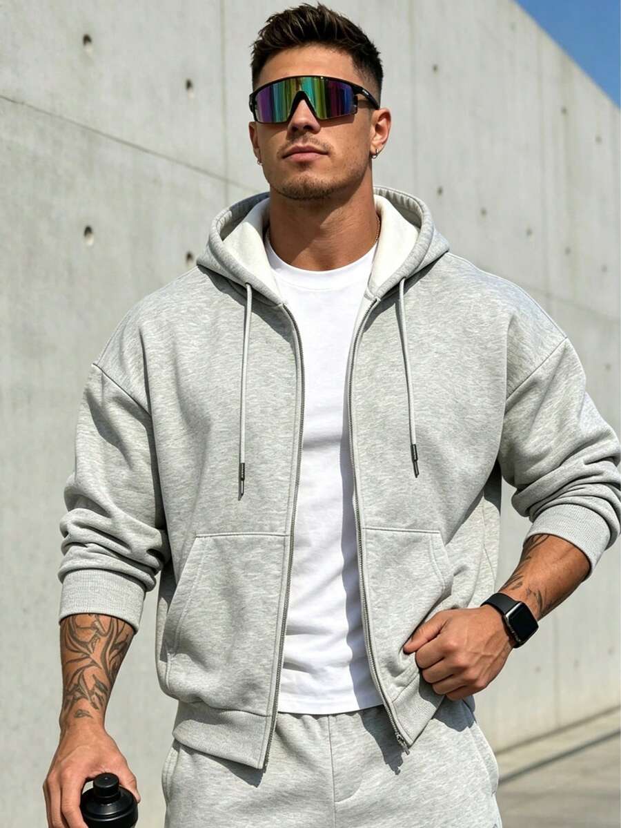 Men's Casual Street Style Solid Color Blank Hoodie, Zip-Up Sweatshirt, Autumn Long Sleeve Top, Back To School Graduation Season Grey - Light Grey - View 1