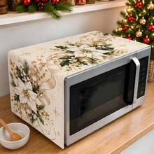 2dflat 1pc Luxury White & Gold Christmas Microwave Dust Cover, White Poinsettia Gold Ribbon Snowflake Print Microwave Cover Cloth Kitchen Decor - Multicolor - View 2