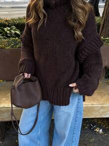 Women's Winter Warm Knitted Pullover Sweater, Split Hem Long Sleeve, Ideal Choice For Autumn/Winter - Brown - View 1