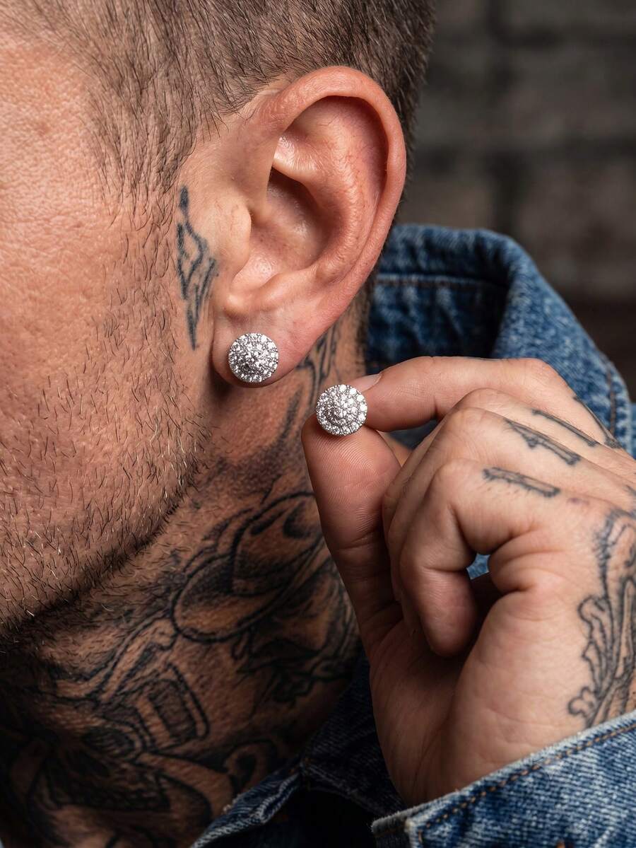 2Pcs Men's Minimalist Copper Cubic Zirconia Round Stud Earrings, Fashionable Versatile Personalized Jewelry, Suitable For Men's Autumn Daily Commute Outfit Layering - Earrings - View 1