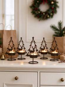 6Pcs Christmas Tealight Candle Holders, Metal Tree Reindeer Candlestick, Tabletop Centerpiece Decor For Mantel, Dining Table, Xmas Holiday Party Home Table Decor - Candlestick - View 9