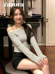 Women's Asymmetrical Shoulder Striped Long Sleeve T-Shirt, Slim Fit Base Layer Knit Top - White - View 9