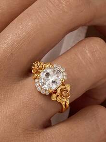 1 buah Cincin Batu Permata Putih Mewah Berlapis Emas 18K, Cincin Batu Tengah Oval Berukir Mawar, Hadiah Pesta Liburan yang Istimewa untuk Wanita - Yellow Gold - View 10