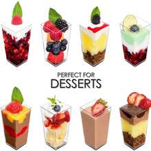 Square Transparent Dessert Cup With Matching Small Spoon, Thick Hard Plastic, Suitable For Ice Cream, Pudding, Fruit Salad, Mousse, Party Gathering, Birthday Banquet, Highly Attractive Transparent Cup, Great For Plating And Photography, Suitable For Dessert Shops And Home Use - Clear - View 9