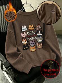 Women's Plus-Size Casual Retro Crew-Neck Faux-Knit Sweater Featuring A Cute Cat Graphic Print-A Versatile, Everyday Essential For Autumn And Winter. - Brown - View 5