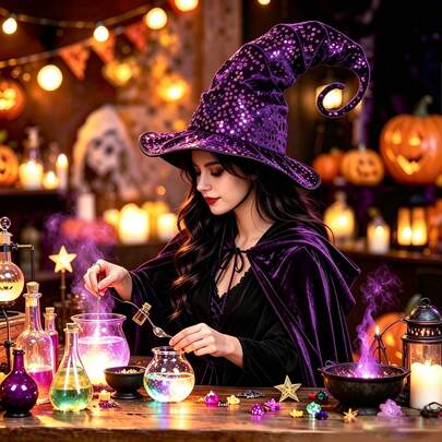 1pc Cross-Border Halloween Sequin Witch Hat, Long Tail Curved Pointed Witch Hat, Cosplay Party Costume Wizard Hat Prop - Witch Hat - Cosplay Costume Hat