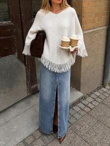 GLAMMY Autumn/Winter New Fashion Cute Casual Daily White Cape Knit Top With Tassel Hem, Solid Color Layering Piece For Commuting, Beach Vacation Fall - Beige - View 1