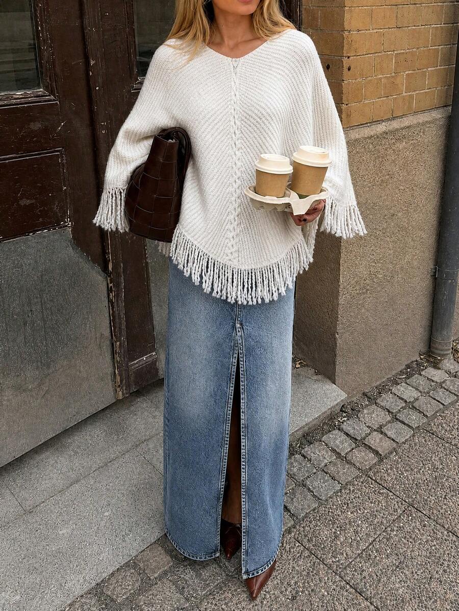 GLAMMY Autumn/Winter New Fashion Cute Casual Daily White Cape Knit Top With Tassel Hem, Solid Color Layering Piece For Commuting, Beach Vacation Fall - Beige - View 1