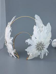 White Feather Double Gold Halo Headband, Sparkling Rhinestone Star Bridal Hair Accessory, Elegant Wedding Headband For Women, Suitable For Party, Ball, Pageant - White - View 4