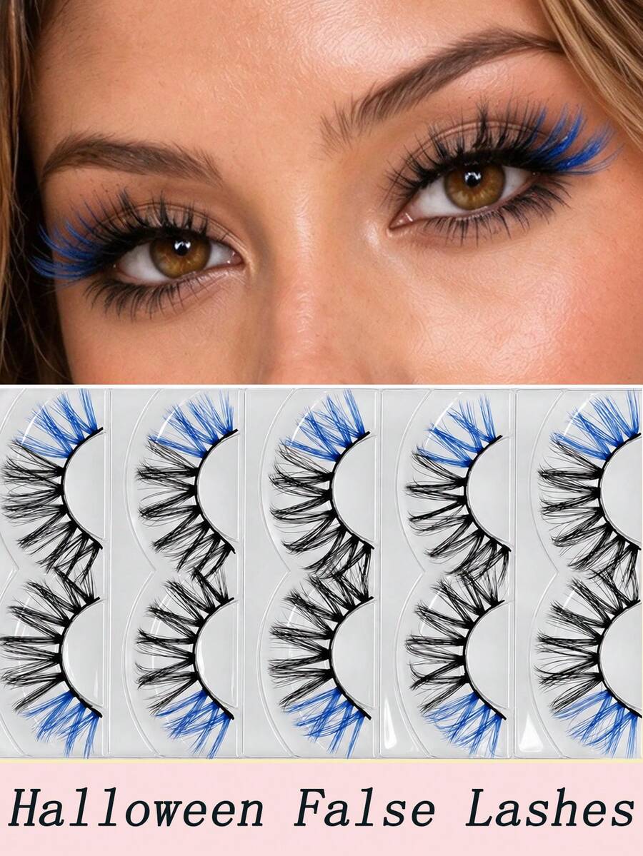 5 Pairs Blue Dual-Tone False Eyelashes, Fluffy Cross-Layered Cat Eye Lashes, Thick Natural Dramatic False Eyelashes, Suitable For Party, Event, Date And Holiday Makeup - View 1