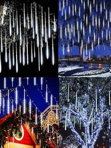 Solar Meteor Shower Lights LED Outdoor Waterproof, 45cm 288 LED/30cm 192 LED Fairy String Lights, 8-Tube Christmas Tree Hanging Lights, Suitable For Garden, Christmas, Eaves, Shop, Camping, Mall, Street, Wall, Tree, Home Decoration - Black - View 6