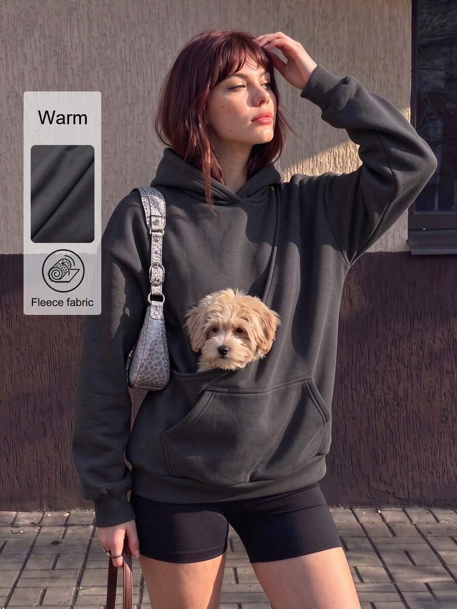 寵物飼主必備 女款休閒抓絨寬鬆連帽衛衣,附口袋,寵物友善設計,秋冬女裝穿搭 - 深灰色 - 查看 1