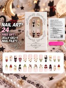 24pcs Autumn Thanksgiving Press-On Nails, Medium Almond Shape, Nude Pink Base, Hand-Painted Black Cat, Stars, Flowers, Polka Dots & Stripes Design, Reusable Fake Nails - Multicolor - View 3