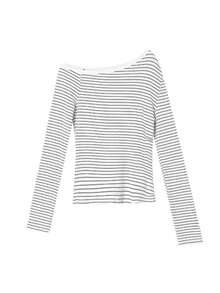 Women's Asymmetrical Shoulder Striped Long Sleeve T-Shirt, Slim Fit Base Layer Knit Top - White - View 11