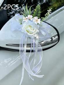 Wedding Car Decoration Flowers, Artificial Flower Bow Decoration For Door Handle And Rearview Mirror, Wedding Chair Decoration Bouquet - 2pcs - View 21