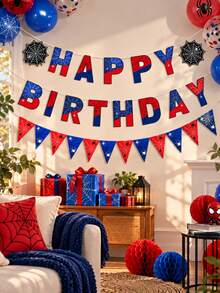 1 Set Spider Web Hero Happy Birthday Banner, Red & Blue Spider Web Print Letter Flags With Spider Web Hollow Cutout Paper And Triangle Bunting, Insect Web Superhero Theme Birthday Party Supplies, Indoor Window Photo Booth Backdrop Decoration - View 3