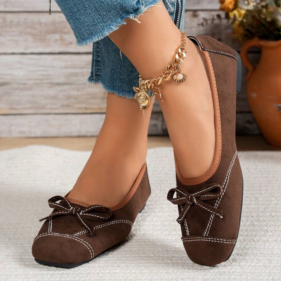 Women's Brown Faux Suede Flat Ballet Pumps With Contrast Stitching, Bow Decor, Square Toe, Low Vamp, Vintage Commuter Style, Spring/Autumn - Brown - View 1