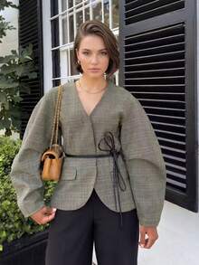 Elegant Women's Plaid V-Neck Tie-Front Jacket, Autumn Long Sleeve Cardigan, Slimming Waist Design, Suitable For Daily Wear, Commute, Office - Multicolor - View 2