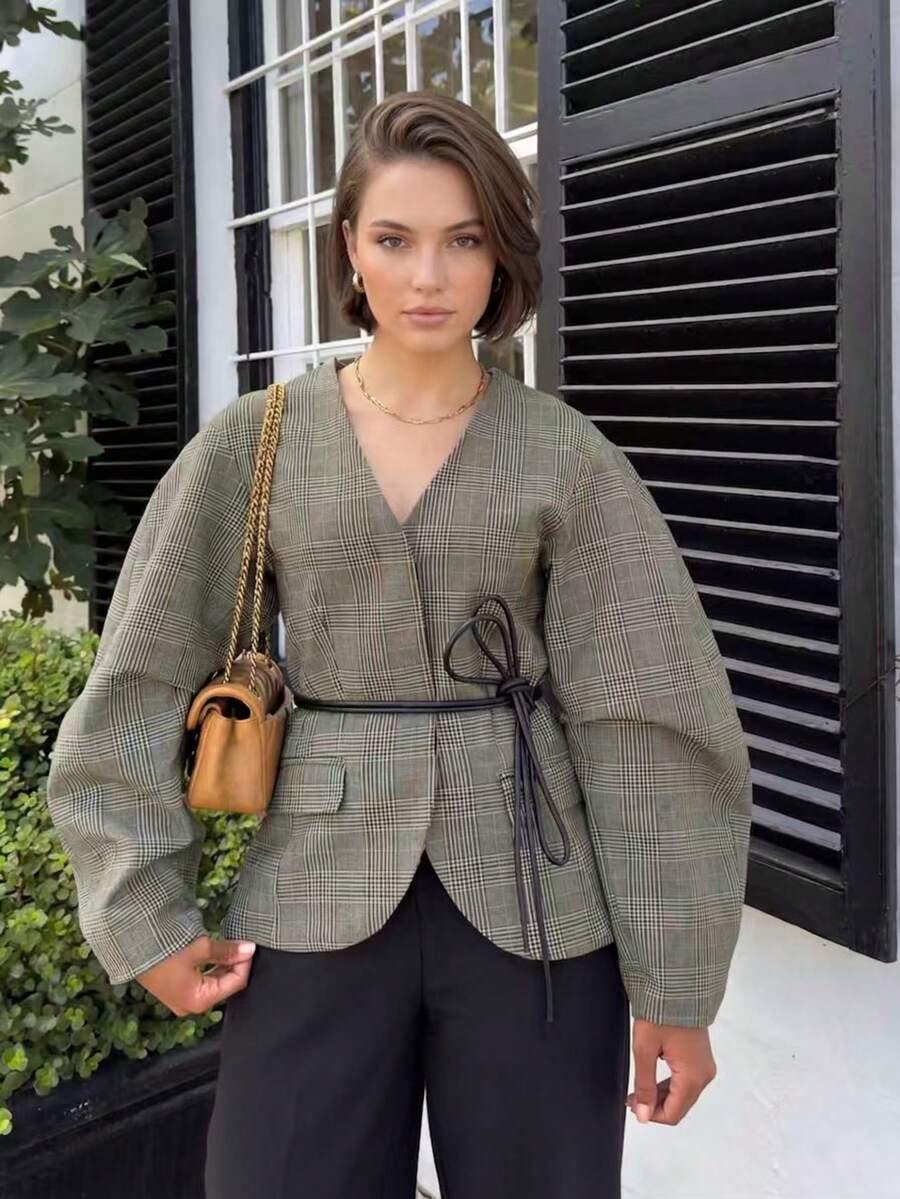 Elegant Women's Plaid V-Neck Tie-Front Jacket, Autumn Long Sleeve Cardigan, Slimming Waist Design, Suitable For Daily Wear, Commute, Office