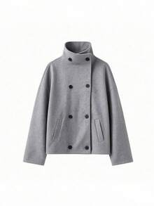A Women's Loose-Fitting, Regular-Style Long-Sleeved Wool Coat Featuring A Stand-Up Collar And Dropped Shoulders, Suitable For Daily Winter Wear. - Grey - View 4