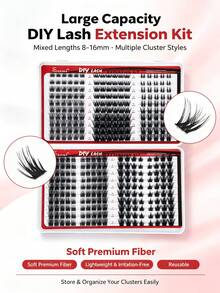 350pcs D Curl, Kit Ekstensi Bulu Mata Harian, Set Bulu Mata Palsu Campuran 5 Gaya, Lembut & Nyaman, Dengan Perekat dan Segel, Pinset, Kuas, Bulu Mata Gugus Lembut Tipis untuk Penggunaan Sendiri - Hitam - View 3