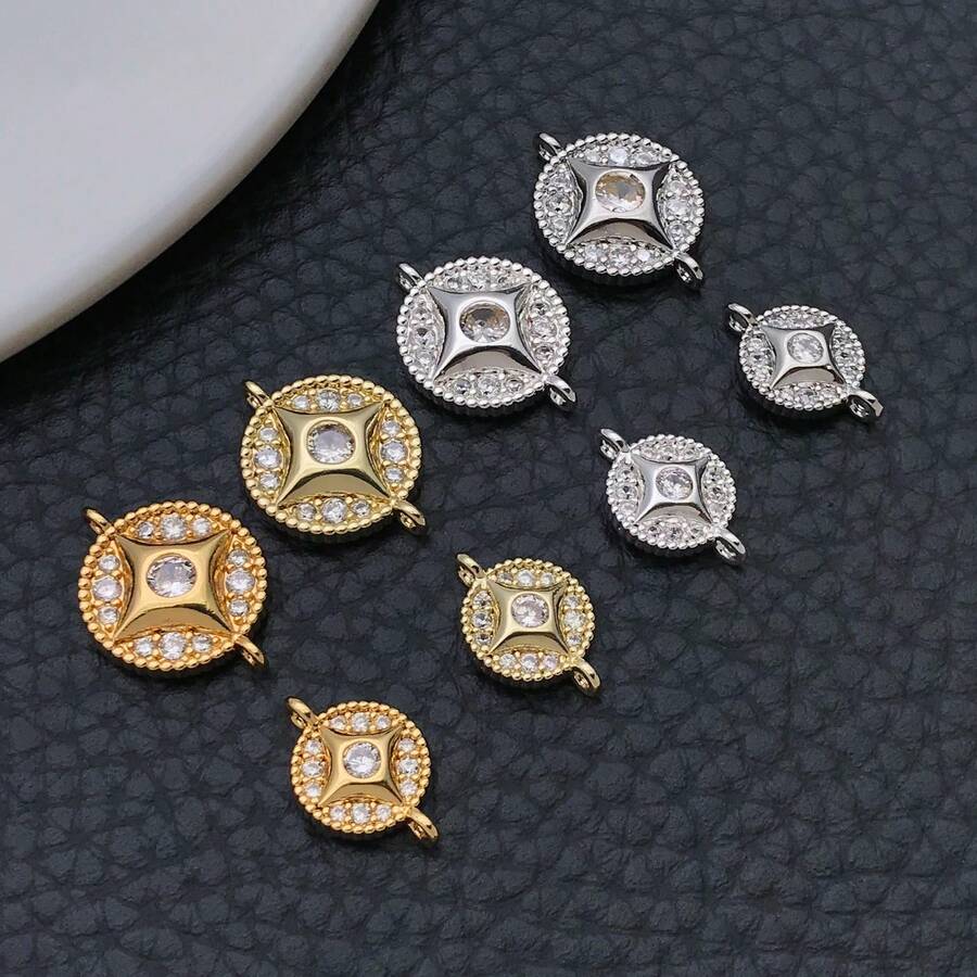 2pcs Metal Round Cubic Zirconia Connector Links 18K Gold Plated Two Loops Rhinestone Charm For DIY Bracelet Necklace Handmade Jewelry Accessories