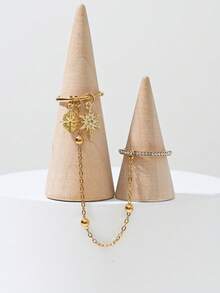 Cincin Emas, Liontin Bintang Berujung Delapan Emas dengan Rantai, Cincin Ganda Jari, Rantai Manik Bulat Dekorasi Bintang Berlian Imitasi, Cincin Mewah Bergaya Vintage, Cocok untuk Sehari-hari, Kencan, Liburan, Ulang Tahun Pernikahan, Hadiah Ulang Tahun, Aksesori Fesyen Wanita - Emas - View 3