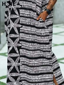 Plus Size African Print Kaftan Long Dress For Women Chic V-Neck Drop Shoulder Half Sleeve Flowy Maxi Dress For Resort - Black - View 4