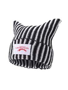 1pc Men's Fashion Versatile Striped Letter Patchwork Horn Knit Beanie Hat, Warm Woolen Cap For Autumn/Winter Daily Wear And Outfits - A - View 2