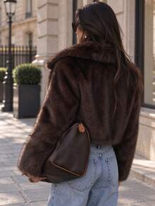 Women's Fuzzy Brown Faux Fur Oversized Collar Long Sleeve Coat, Suitable For Autumn/Winter Wear - Coffee Brown - View 3