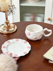 1 Set 3D Pink Embossed Heart Ceramic Coffee Cup & Saucer, Korean Ins Aesthetic Cute Latte Mug, Handmade Wavy Edge Tea Cup, Home Kitchen Table Decor, Valentine Gift For Women - Multicolor - View 10
