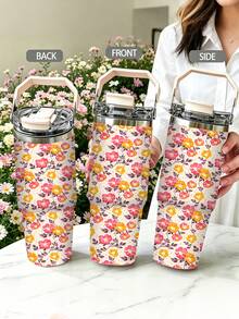 1pc/5pcs 30oz Red & Yellow Floral Print Stainless Steel Insulated ...